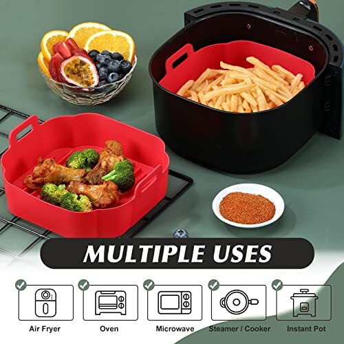 Lecfon Air Fryer Silicone Basket, Square, Red, 8.6 X 8.6 X 2.8 Inches, Dishwasher Safe