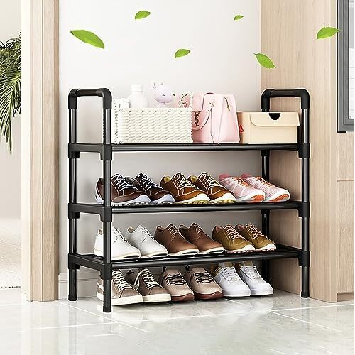 Wolpin Multi-Purpose 3 Shelves Shoe Stand Rack Shelve Storage Rack Steel Dust-Proof For Footwear, Black