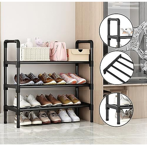 Wolpin Multi-Purpose 3 Shelves Shoe Stand Rack Shelve Storage Rack Steel Dust-Proof For Footwear, Black