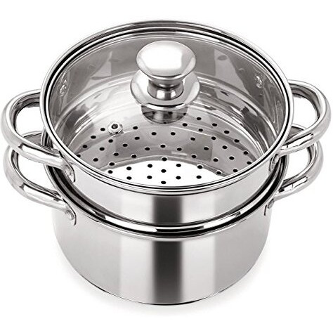 Pristine Stainless Steel Tri Ply Induction Base 2 Tier Multi Purpose Steamer/Modak Maker With Glass Lid, 18Cm, Silver