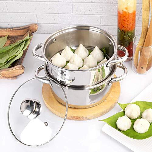Pristine Stainless Steel Tri Ply Induction Base 2 Tier Multi Purpose Steamer/Modak Maker With Glass Lid, 18Cm, Silver