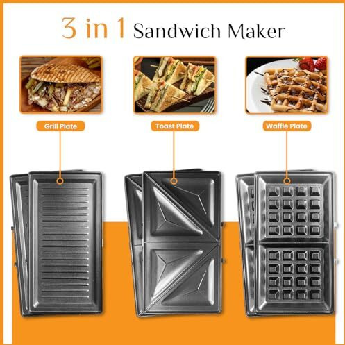 Trutrtl 3-In-1 Grill, Sandwich, Waffle Sandwich Maker | Removable Plates With German Greblon Non Stick Coating | 800W | Auto Cut-Off | Silver