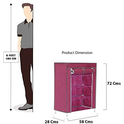 Flipzon Multipurpose 4 Shelve Wardrobe, (Iron And Non-Woven Fabric), Maroon