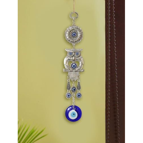 Tied Ribbons Decorative Blue Evil Eye Owl Wall Feng Shui Items For Living Room Hanging For Home Entrance Door Car Dashboard Office Hall Nazar Battu Pendant Ornament Good Luck Gift Items (10 Cm)