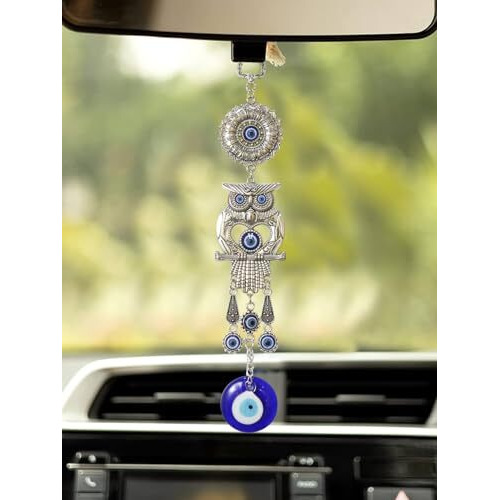 Tied Ribbons Decorative Blue Evil Eye Owl Wall Feng Shui Items For Living Room Hanging For Home Entrance Door Car Dashboard Office Hall Nazar Battu Pendant Ornament Good Luck Gift Items (10 Cm)