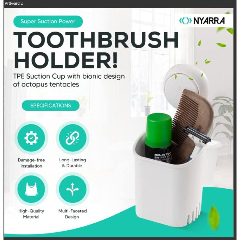 Nyarra Toothbrush Holder For Bathroom, Easy One Push Wall Mount With Powerful Vacuum Suction Cup, Multifunctional Organizer White & Hollow Ventilation Design [Nr-0562]