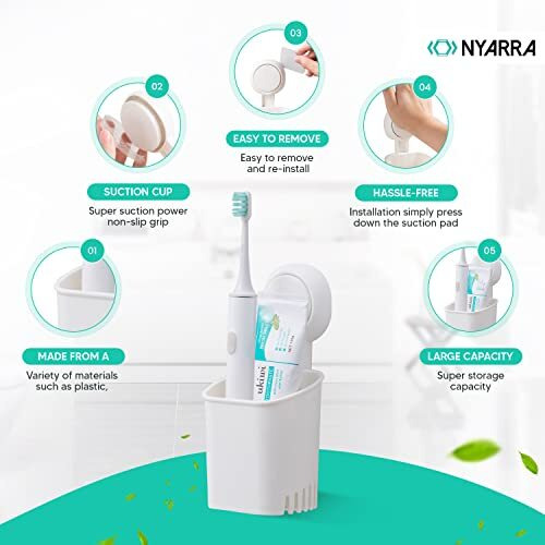 Nyarra Toothbrush Holder For Bathroom, Easy One Push Wall Mount With Powerful Vacuum Suction Cup, Multifunctional Organizer White & Hollow Ventilation Design [Nr-0562]