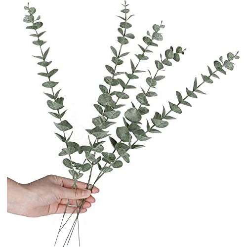 Tied Ribbons 5 Pcs Artificial Eucalyptus Gingko Leaves Plants Flowers (Green, 40.64 Cm) For Vase Pot Home Decor Living Room Bedroom Decoration Office Table Top Decorative Items - Polyester