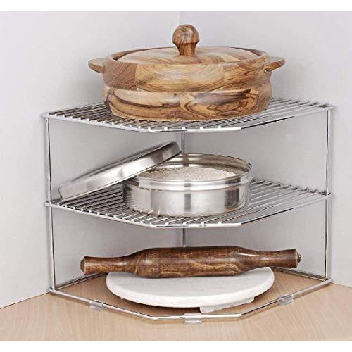 Cri8Hub Multipurpose Storage Corner Shelf For Plates,Bowls & Cups Dish Corner Rack Stand Shelves Holder ( Stainless Steel)