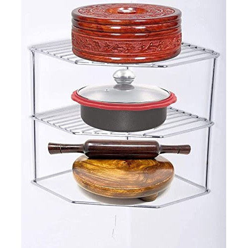 Cri8Hub Multipurpose Storage Corner Shelf For Plates,Bowls & Cups Dish Corner Rack Stand Shelves Holder ( Stainless Steel)