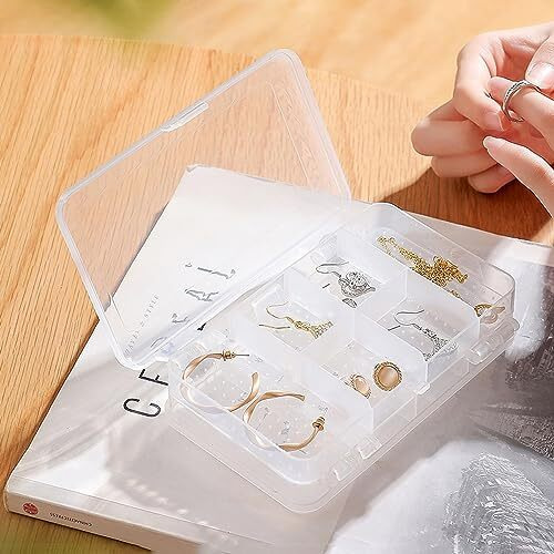 Wolpin 1 Pc Jewellery Case Organiser With Adjustable Dividers 10 Grid, Storage Box Case Makeup Home Organizer, Transparent (Double Sided, Plastic White)