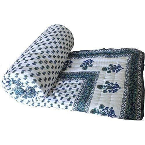Svt Traditional Famous Jaipuri Beautiful Floral Print In White And Blue Jaipuri Rajai/Razai/Quilt Single/Single Bed Quilt/Comforter/Ac Quilt/Ac Comforter, Cotton, Lightweight Pack Of 1,200 Tc