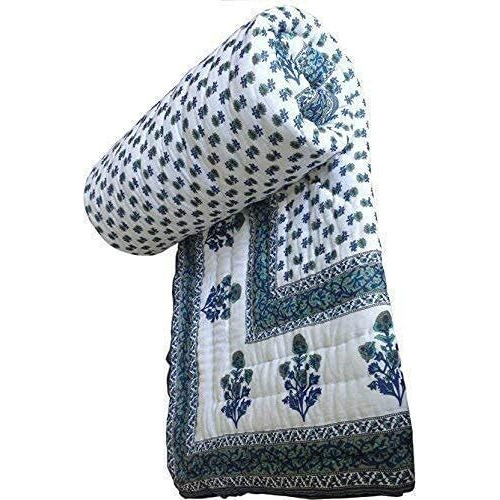 Svt Traditional Famous Jaipuri Beautiful Floral Print In White And Blue Jaipuri Rajai/Razai/Quilt Single/Single Bed Quilt/Comforter/Ac Quilt/Ac Comforter, Cotton, Lightweight Pack Of 1,200 Tc