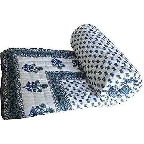 Svt Traditional Famous Jaipuri Beautiful Floral Print In White And Blue Jaipuri Rajai/Razai/Quilt Single/Single Bed Quilt/Comforter/Ac Quilt/Ac Comforter, Cotton, Lightweight Pack Of 1,200 Tc