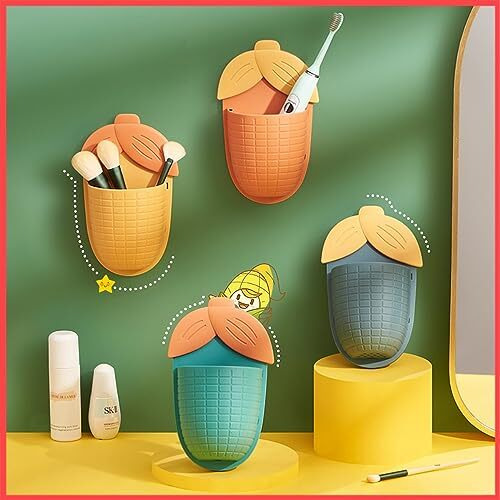 Wolpin Plastic Toothbrush Holders For Bathroom (Set Of 2 Pcs) Stand For Toothpaste, Comb, Brush, Cream, Lotion Kids Bathroom Cup Drain Waterproof Self-Adhesive, Sweet Corn