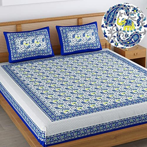 Colorish 120 Tc Cotton Blend Elephant Printed Jaipuri Bedsheet For Double Bed King Size With 2 Pillow Covers, Indigo Blue