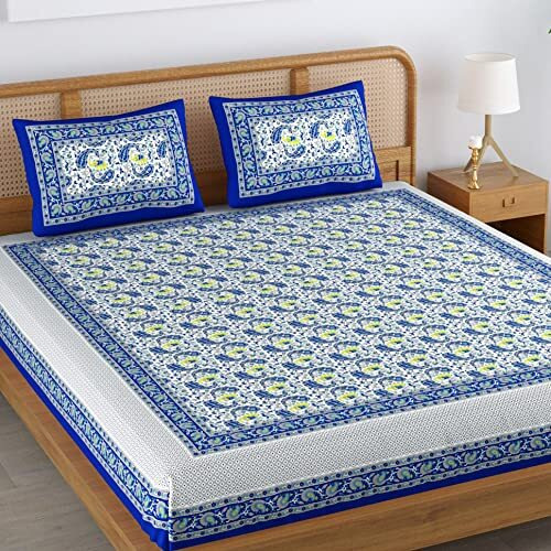 Colorish 120 Tc Cotton Blend Elephant Printed Jaipuri Bedsheet For Double Bed King Size With 2 Pillow Covers, Indigo Blue
