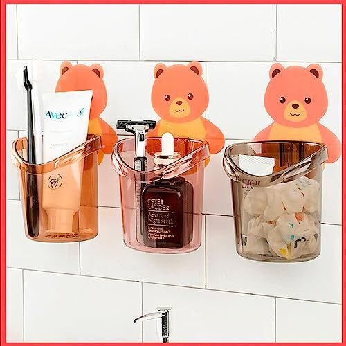 Wolpin Toothbrush Holder (Set Of 3 Pcs) Plastic Stand For Toothpaste, Comb, Brush, Cream, Lotion Kids Bathroom Cup Drain Waterproof Self-Adhesive, Teddy Bear
