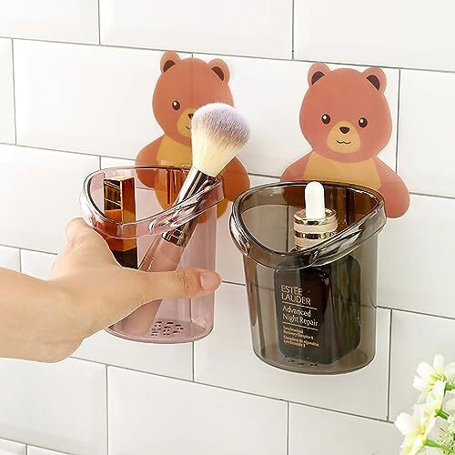 Wolpin Toothbrush Holder (Set Of 3 Pcs) Plastic Stand For Toothpaste, Comb, Brush, Cream, Lotion Kids Bathroom Cup Drain Waterproof Self-Adhesive, Teddy Bear