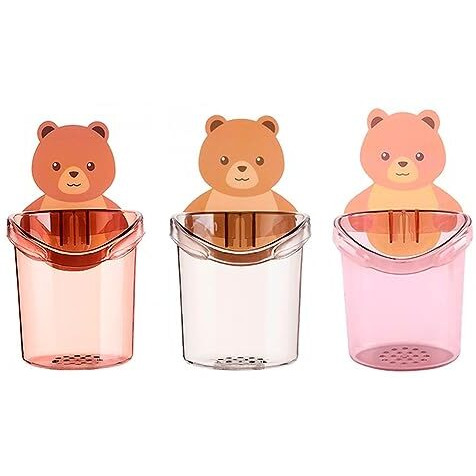Wolpin Toothbrush Holder (Set Of 3 Pcs) Plastic Stand For Toothpaste, Comb, Brush, Cream, Lotion Kids Bathroom Cup Drain Waterproof Self-Adhesive, Teddy Bear
