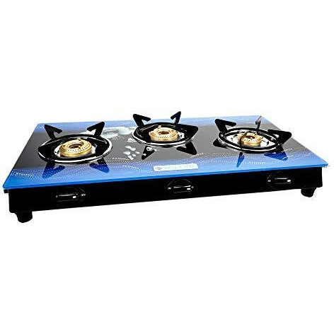 Milton Premium 3 Burner Blue Manual Ignition Glass Top Gas Stove, (Isi Certified)