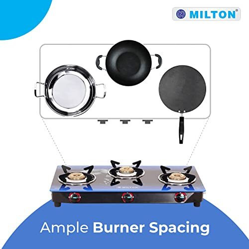 Milton Premium 3 Burner Blue Manual Ignition Glass Top Gas Stove, (Isi Certified)