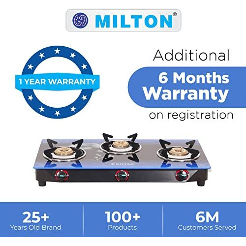 Milton Premium 3 Burner Blue Manual Ignition Glass Top Gas Stove, (Isi Certified)