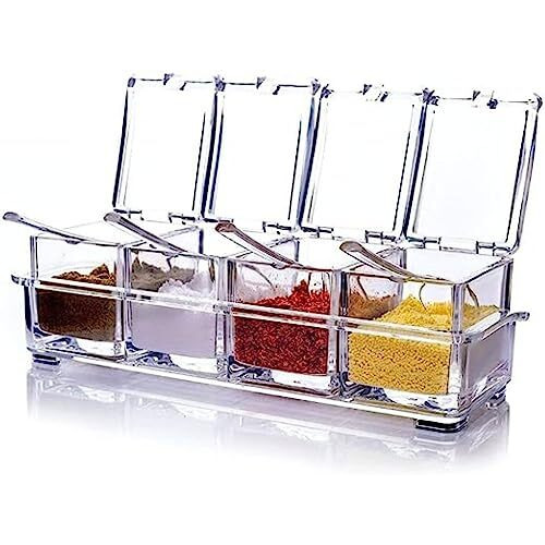 Freshdcart Fdca389 Transparent 4 Grid Acrylic Spice Box | Seasoning Box | Spice Kit With Serving Spoons For Spice Pepper Salt Masala Kitchen (Pack Of 1 Transparent), Beige