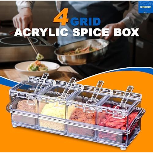 Freshdcart Fdca389 Transparent 4 Grid Acrylic Spice Box | Seasoning Box | Spice Kit With Serving Spoons For Spice Pepper Salt Masala Kitchen (Pack Of 1 Transparent), Beige