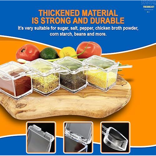Freshdcart Fdca389 Transparent 4 Grid Acrylic Spice Box | Seasoning Box | Spice Kit With Serving Spoons For Spice Pepper Salt Masala Kitchen (Pack Of 1 Transparent), Beige