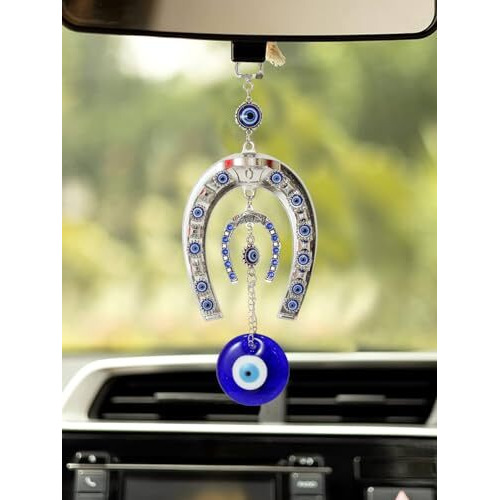 Tied Ribbons Turkish Horse Shoe Blue Evil Eye Wall Hanging For Home Entrance Door Car Office Feng Shui Nazar Battu Pendant Ornament Good Luck Charm And Prosperity Decorative Gift Items (Large) - Metal