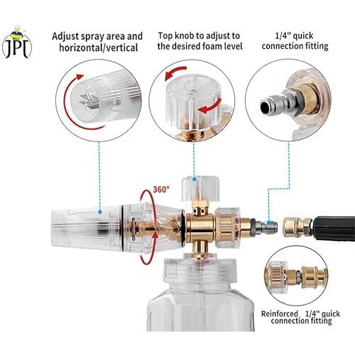 Jpt New Advance Transparent Adjustable Pro Foam Cannon For Thick Clinging Foam With 1000 Psi | 70 Bar | 1.1Mm Orifice | Brass + Abs Nozzle | 1/4" Quick Connector Included
