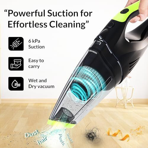 Roboson Vc201 Handheld Cordless Vacuum Cleaner For Home And Car Powerful 6 Kpa Suction For Dust & Pet Hair Removal, Rechargeable Wireless Wet/Dry For Bed And Sofa