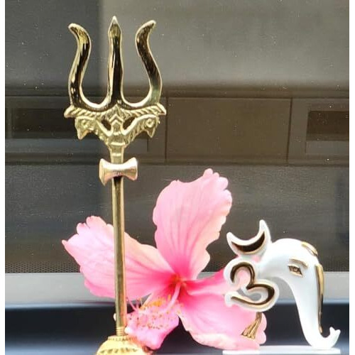 Vr Creatives Brass Trishul, Trident Damru With Stand Brass Statue For Car Dashboard/Temple, Puja Ghar, 10 Cm