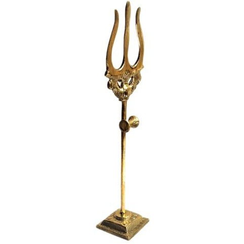 Vr Creatives Brass Trishul, Trident Damru With Stand Brass Statue For Car Dashboard/Temple, Puja Ghar, 10 Cm