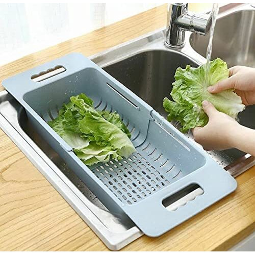 Wolpin Plastic Expandable Kitchen Dish Drainer And Drying Rack Sink Basket For Washing Bowls Utensils Vegetables Fruits Storage Organiser Retractable Up To 48 Cm, Blue