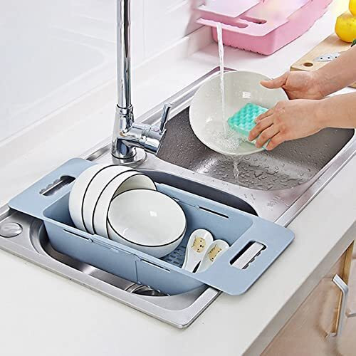 Wolpin Plastic Expandable Kitchen Dish Drainer And Drying Rack Sink Basket For Washing Bowls Utensils Vegetables Fruits Storage Organiser Retractable Up To 48 Cm, Blue