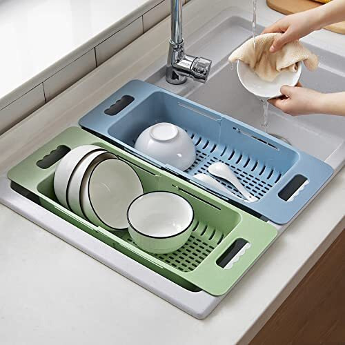 Wolpin Plastic Expandable Kitchen Dish Drainer And Drying Rack Sink Basket For Washing Bowls Utensils Vegetables Fruits Storage Organiser Retractable Up To 48 Cm, Blue