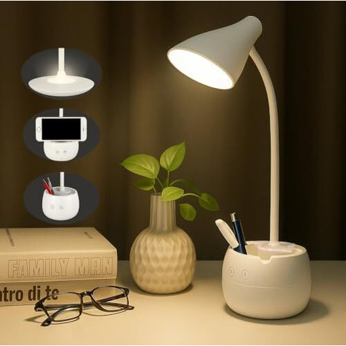 Saleon Rechargeable Desk Lamp With 3 Color Light Modes, Dual Led Touch Sensor, Dimmable Eye Care Study Light With Phone & Pen Holder, Flexible Gooseneck, Usb Charging, White