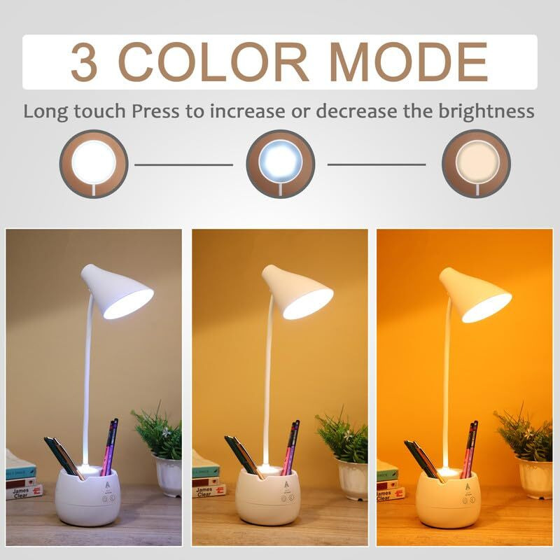 Saleon Rechargeable Desk Lamp With 3 Color Light Modes, Dual Led Touch Sensor, Dimmable Eye Care Study Light With Phone & Pen Holder, Flexible Gooseneck, Usb Charging, White