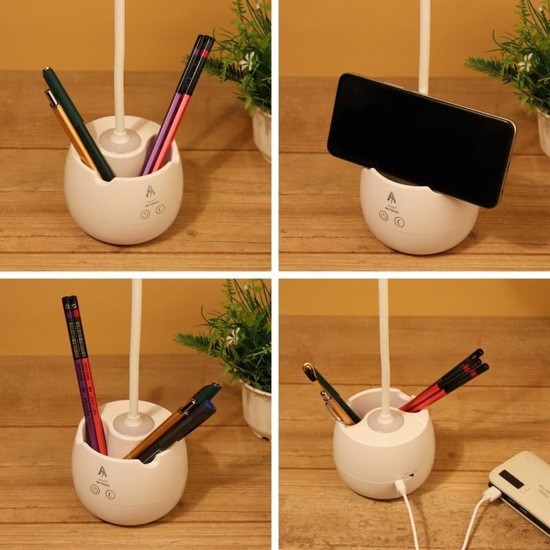Saleon Rechargeable Desk Lamp With 3 Color Light Modes, Dual Led Touch Sensor, Dimmable Eye Care Study Light With Phone & Pen Holder, Flexible Gooseneck, Usb Charging, White