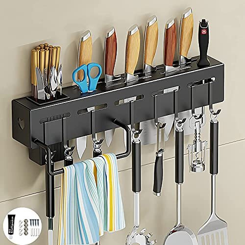 Wolpin Kitchen Shelf Stainless Steel Floating Shelves Wall Mount Knife Holder|Towel Hanger|Spatula Ladle Hanging Hooks|Cutlery Holder Storage Rack High Grade Metal Multi-Purpose (40 X 5.5 X 7.4 Cm)