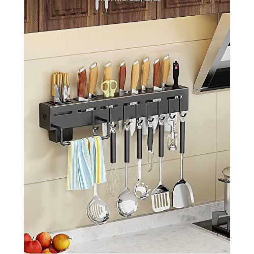 Wolpin Kitchen Shelf Stainless Steel Floating Shelves Wall Mount Knife Holder|Towel Hanger|Spatula Ladle Hanging Hooks|Cutlery Holder Storage Rack High Grade Metal Multi-Purpose (40 X 5.5 X 7.4 Cm)