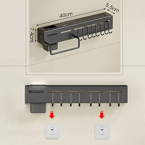 Wolpin Kitchen Shelf Stainless Steel Floating Shelves Wall Mount Knife Holder|Towel Hanger|Spatula Ladle Hanging Hooks|Cutlery Holder Storage Rack High Grade Metal Multi-Purpose (40 X 5.5 X 7.4 Cm)