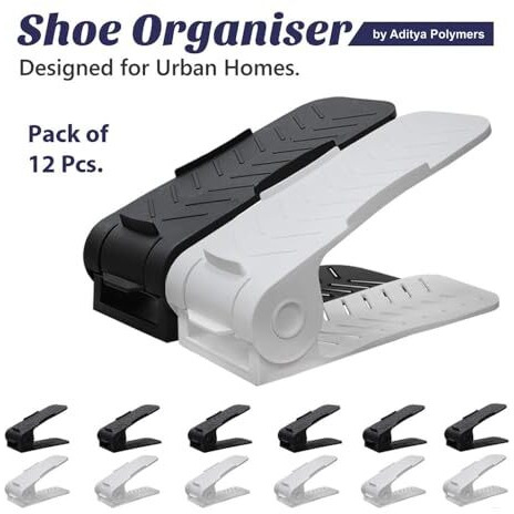 Aditya Polymers 12 Pc. Height Adjustable Shoe Organizers/Organiser/Shoe Shelf/Rack/Slots/Space Saver/Double Deck/Layer/Storage Cum Organizer-Black&White Combo 12 Pcs. Plastic,27X10.5X7.5 Cm