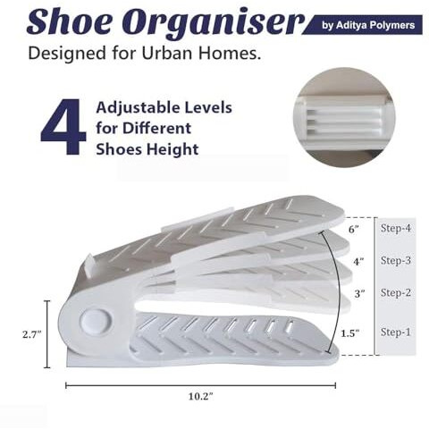 Aditya Polymers 12 Pc. Height Adjustable Shoe Organizers/Organiser/Shoe Shelf/Rack/Slots/Space Saver/Double Deck/Layer/Storage Cum Organizer-Black&White Combo 12 Pcs. Plastic,27X10.5X7.5 Cm