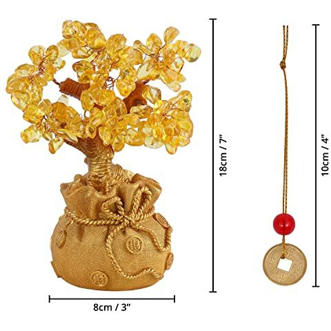 About Space Lucky Feng Shui Citrine Tree Of Life Bonsai - Gold Crystal Ornaments With 6 Hanging Coin Charms For Health, Wealth And Happiness - Table Decor, Living Room, Office (7 X 3 Inch)