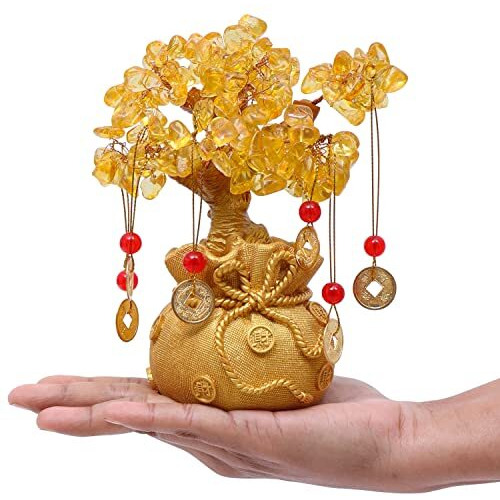 About Space Lucky Feng Shui Citrine Tree Of Life Bonsai - Gold Crystal Ornaments With 6 Hanging Coin Charms For Health, Wealth And Happiness - Table Decor, Living Room, Office (7 X 3 Inch)