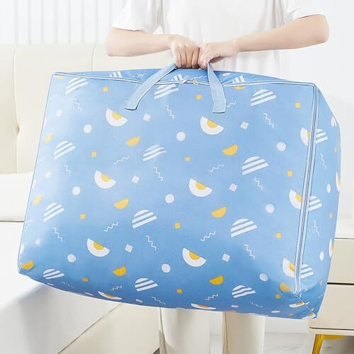 Wolpin Non-Woven Extra Large Size Underbed Storage Bag Waterproof (70 X 30 X 50 Cm) - Zippered Closure & Handle Geometry Print, Rectangular