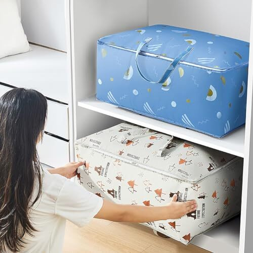 Wolpin Non-Woven Extra Large Size Underbed Storage Bag Waterproof (70 X 30 X 50 Cm) - Zippered Closure & Handle Geometry Print, Rectangular
